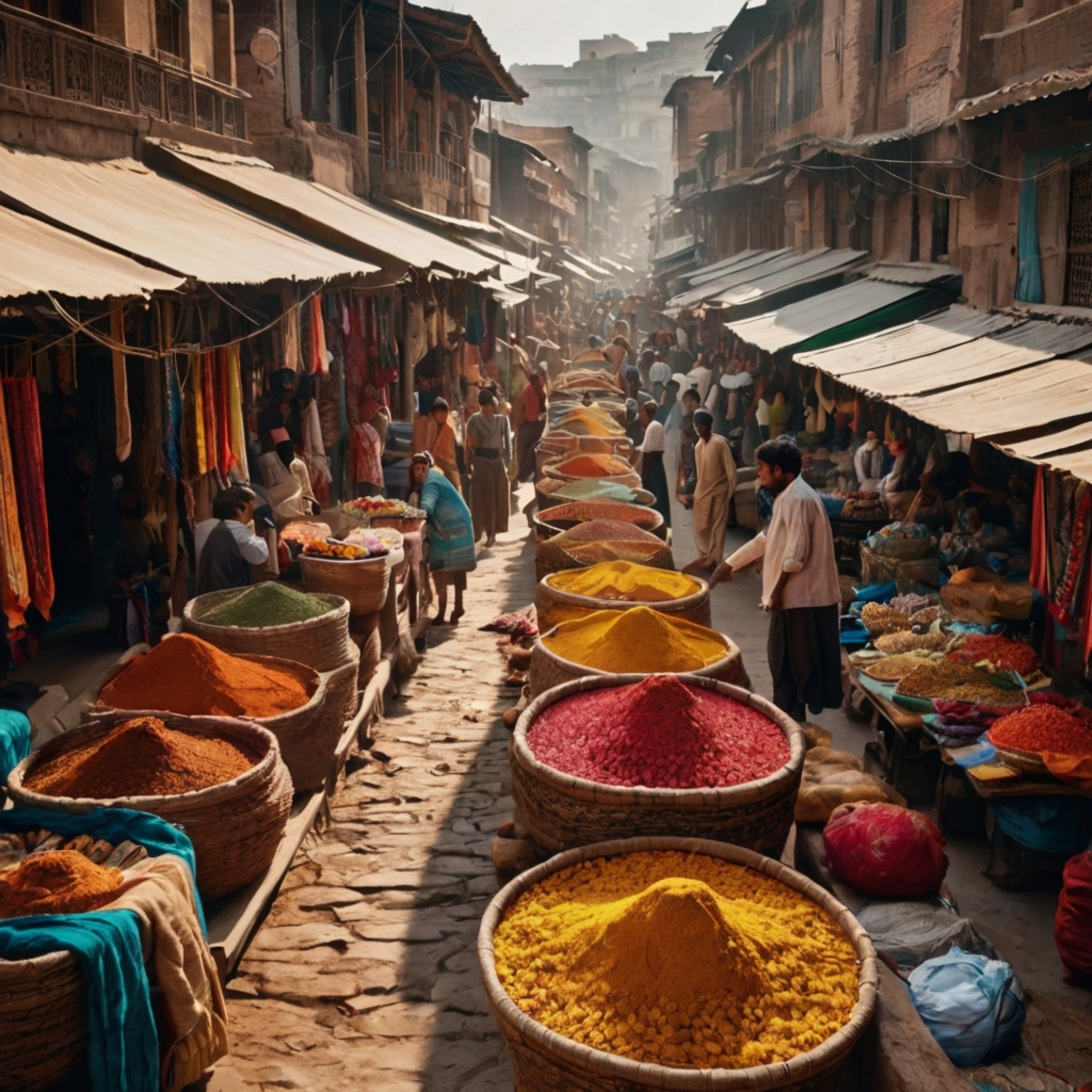 Explore the vibrant atmosphere of an ancient city's bustling market street, where colorful textiles, engaging street vendors,