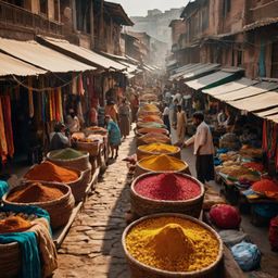 Explore the vibrant atmosphere of an ancient city's bustling market street, where colorful textiles, engaging street vendors,
