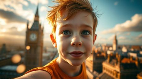 An enchanting image captures a young boy with fair skin and tousled red hair soaring above London, trailing shimmering pixie 