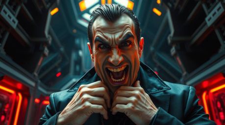 A hilariously dramatic breakdown of a villain unfolds within a stunning high-tech lair.  This captivating scene features shar