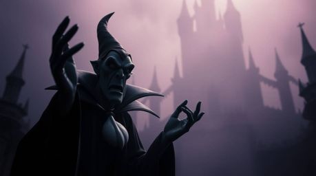 An unsettling scene unfolds, bathed in a soft, cinematic haze. A classic Disney villain, with dark and intense eyes, casts a