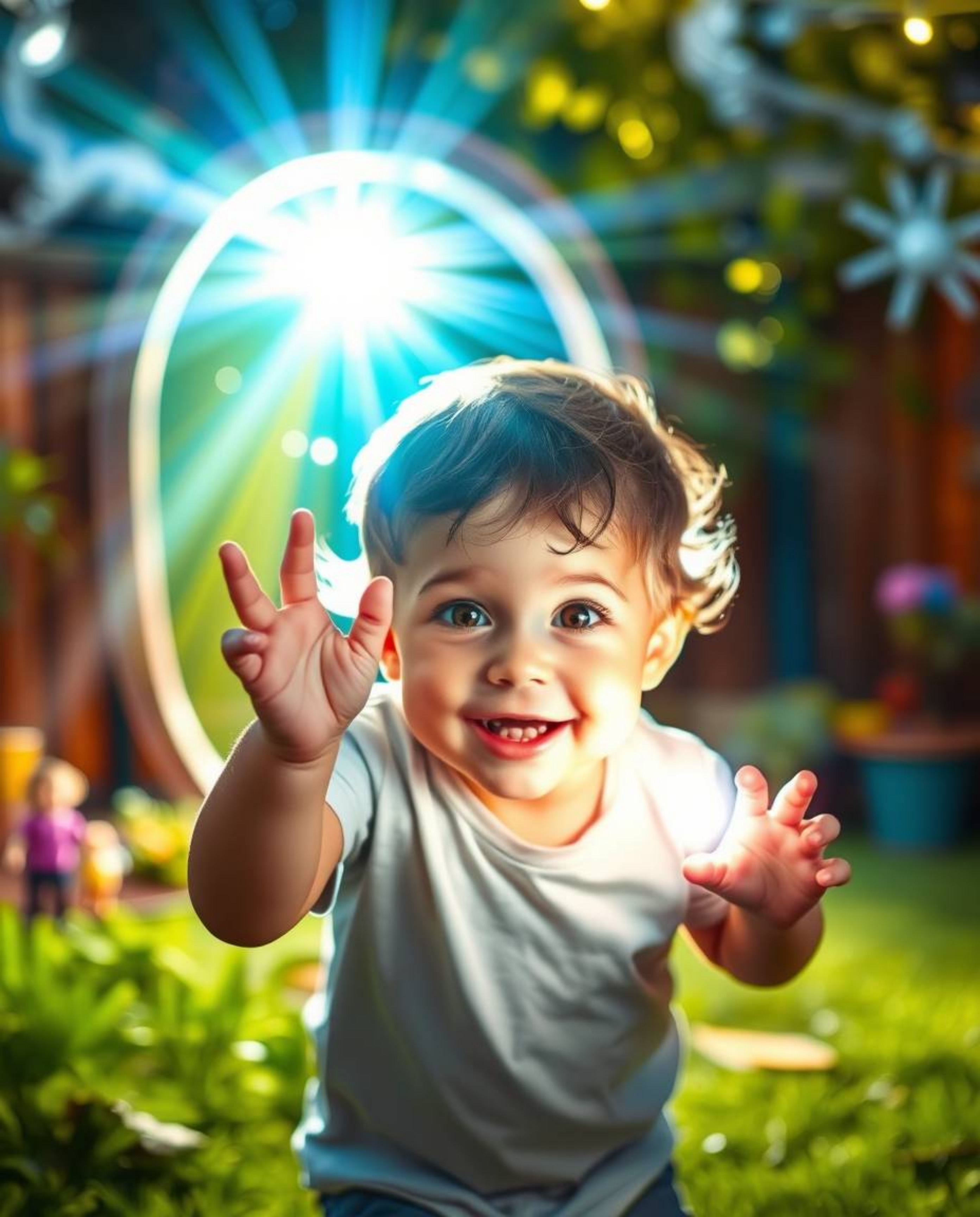 A captivating image of a cute child with charming features energetically discovering a magical portal in their backyard.  Bri