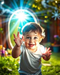 A captivating image of a cute child with charming features energetically discovering a magical portal in their backyard. Bri
