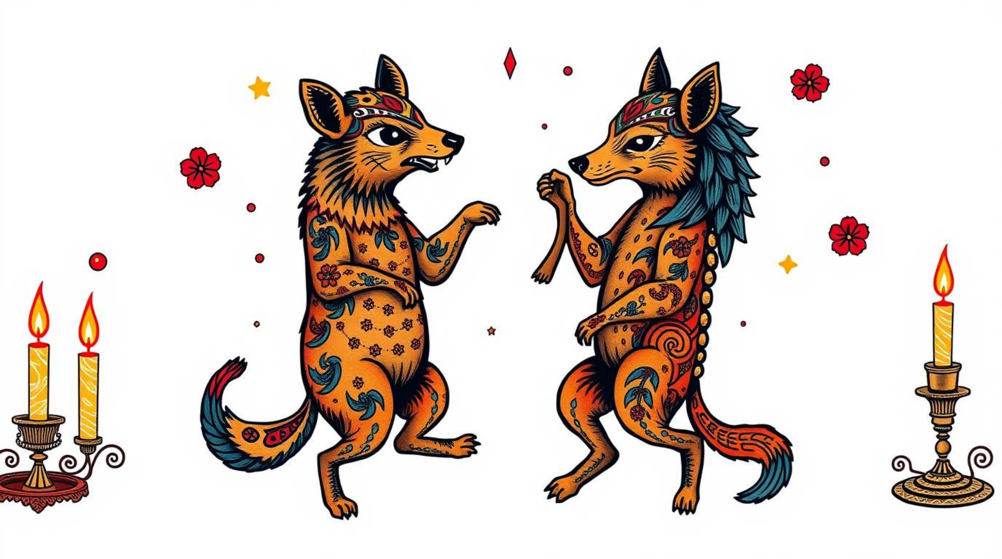 This stunning tattoo art print showcases a vibrant animal dance party, complete with disco lights and a retro flair. Rendered