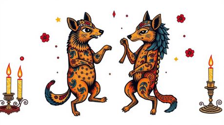 This stunning tattoo art print showcases a vibrant animal dance party, complete with disco lights and a retro flair. Rendered