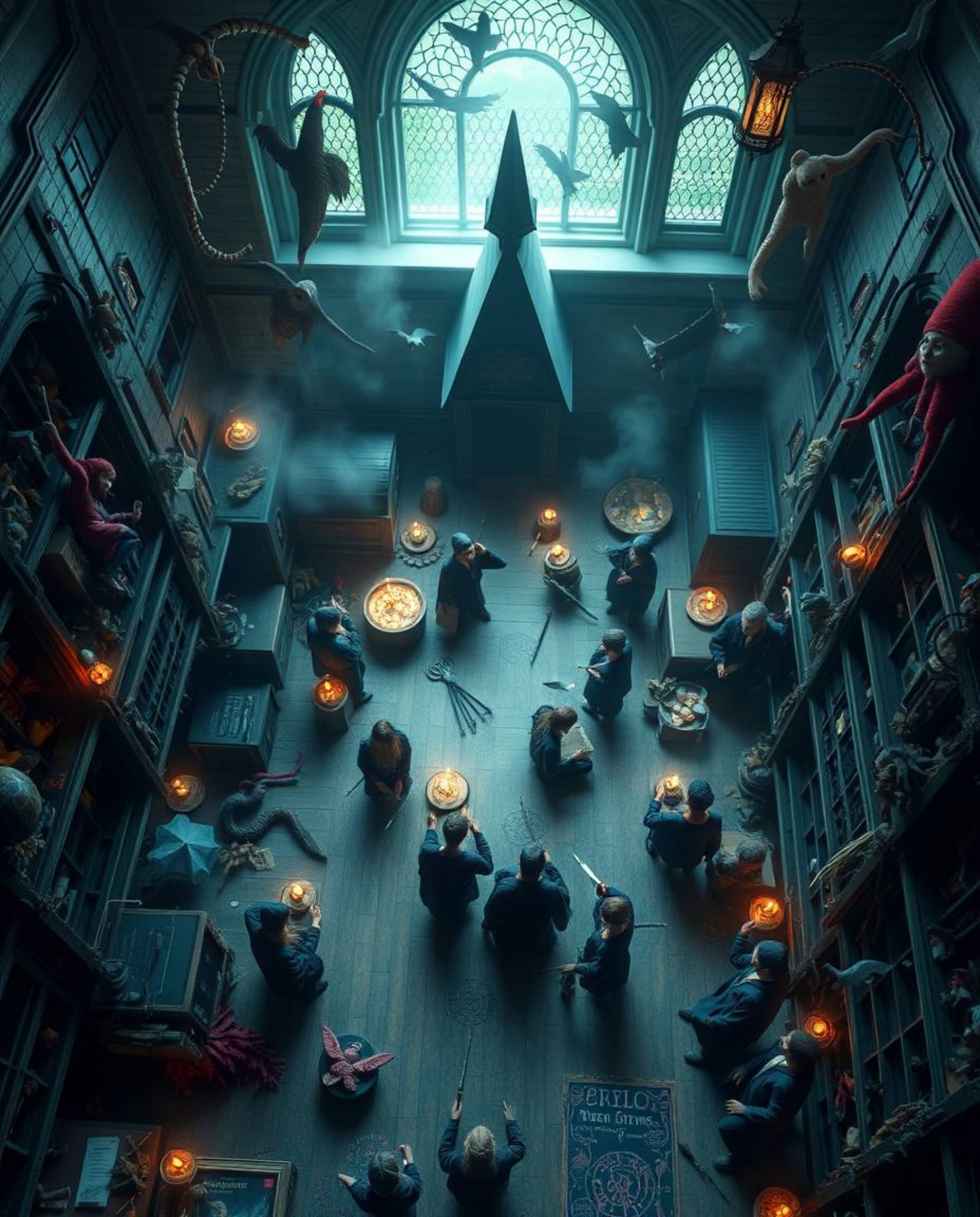 Experience a dreamlike, surreal overhead bird's eye view of a magical school brimming with young wizards.  This fantastical s