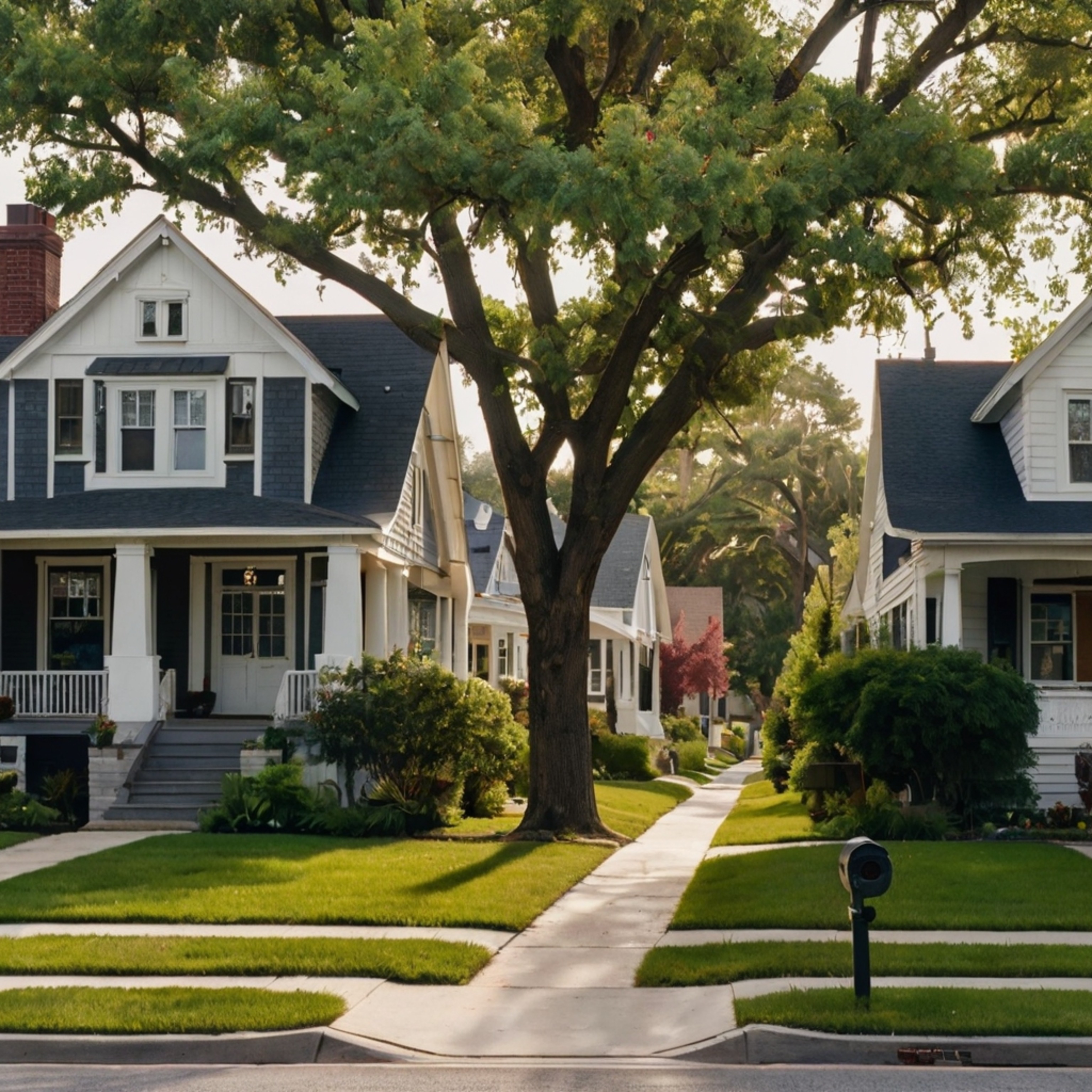 Imagine a peaceful suburban neighborhood characterized by its wide, tree-lined streets, classic white picket fences, and char