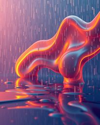 Immerse yourself in a warm, wet, and rainy scene featuring futuristic 3D fluid shapes with mesmerizing glowing edges set agai