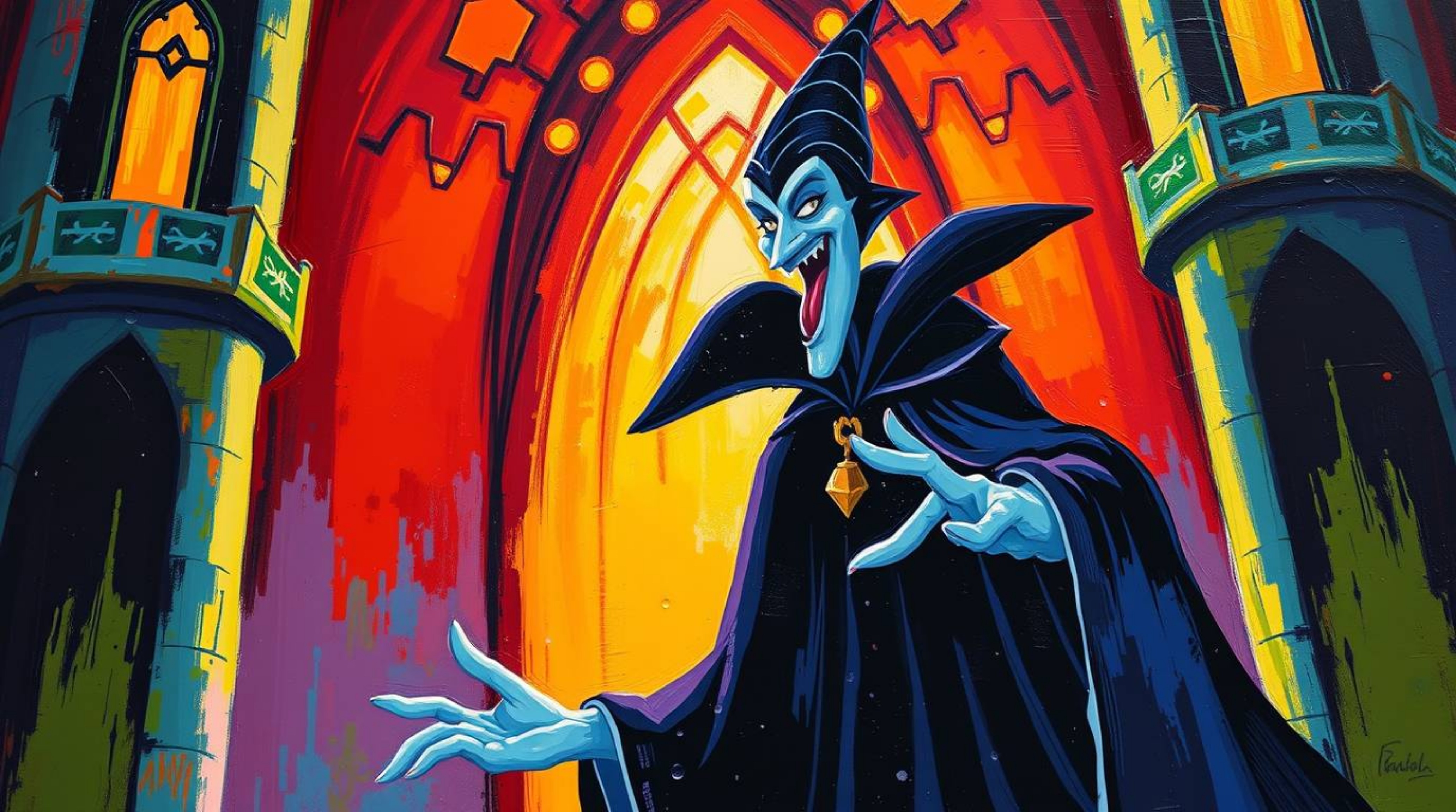 A bold acrylic painting depicts a classic Disney villain casting a spell within a vibrantly colored castle.  The artwork feat