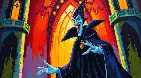 A bold acrylic painting depicts a classic Disney villain casting a spell within a vibrantly colored castle.  The artwork feat