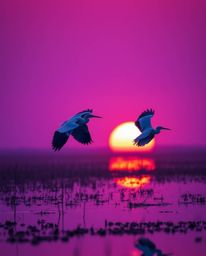 An adorable and charming image of herons flying in a golden hour wetland scene. This captivating picture is rendered in deep 