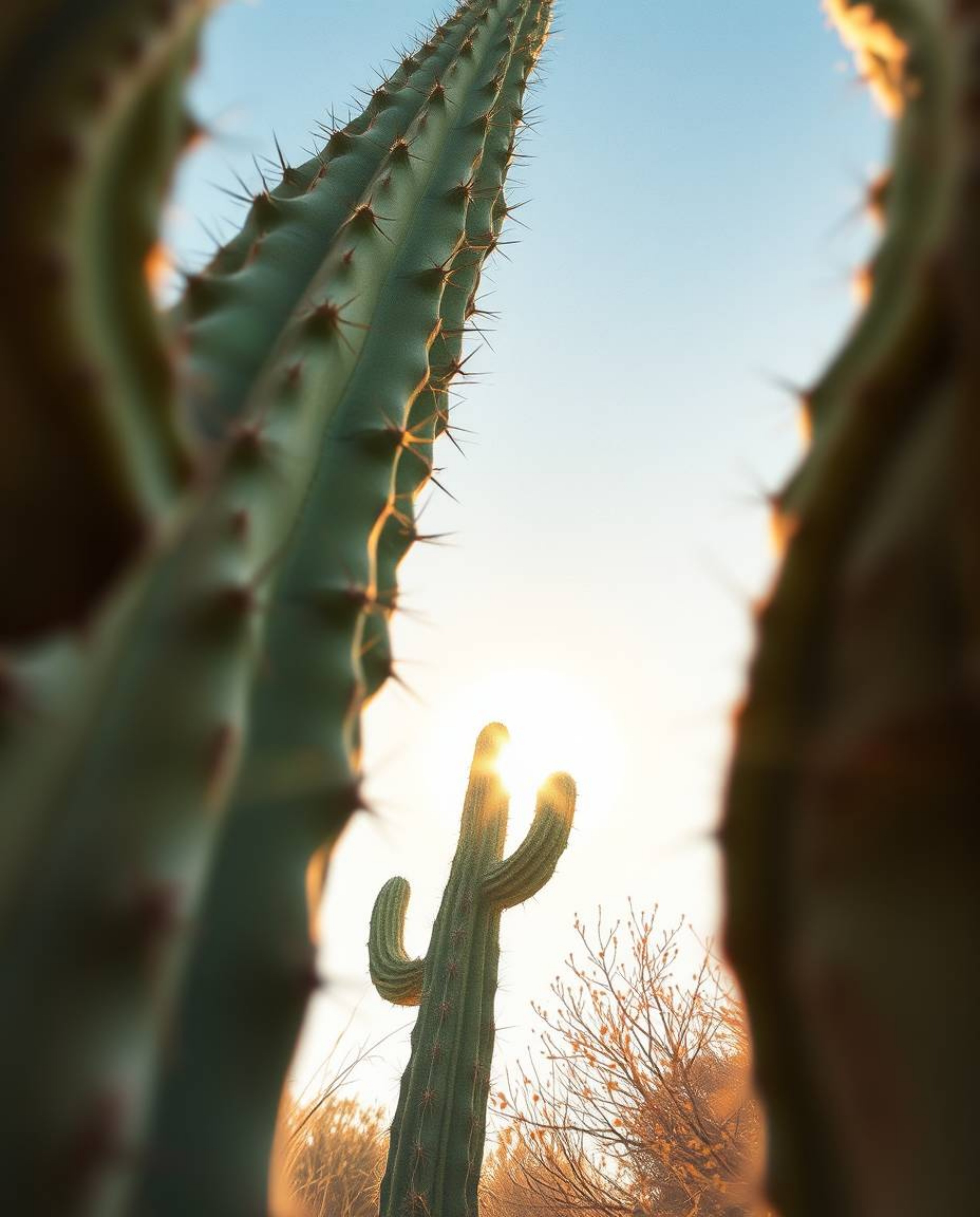 A delicate watercolor painting captures a desert cactus glowing in the setting sun. Viewed from a low angle perspective, the 
