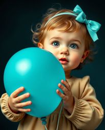 An adorable child with charming features gently holds a balloon, beautifully rendered in a rich, deep teal that accentuates l