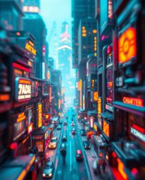 Experience a futuristic city rendered in a glitch aesthetic.  The image showcases a blurred bokeh effect, layered papier-mâch