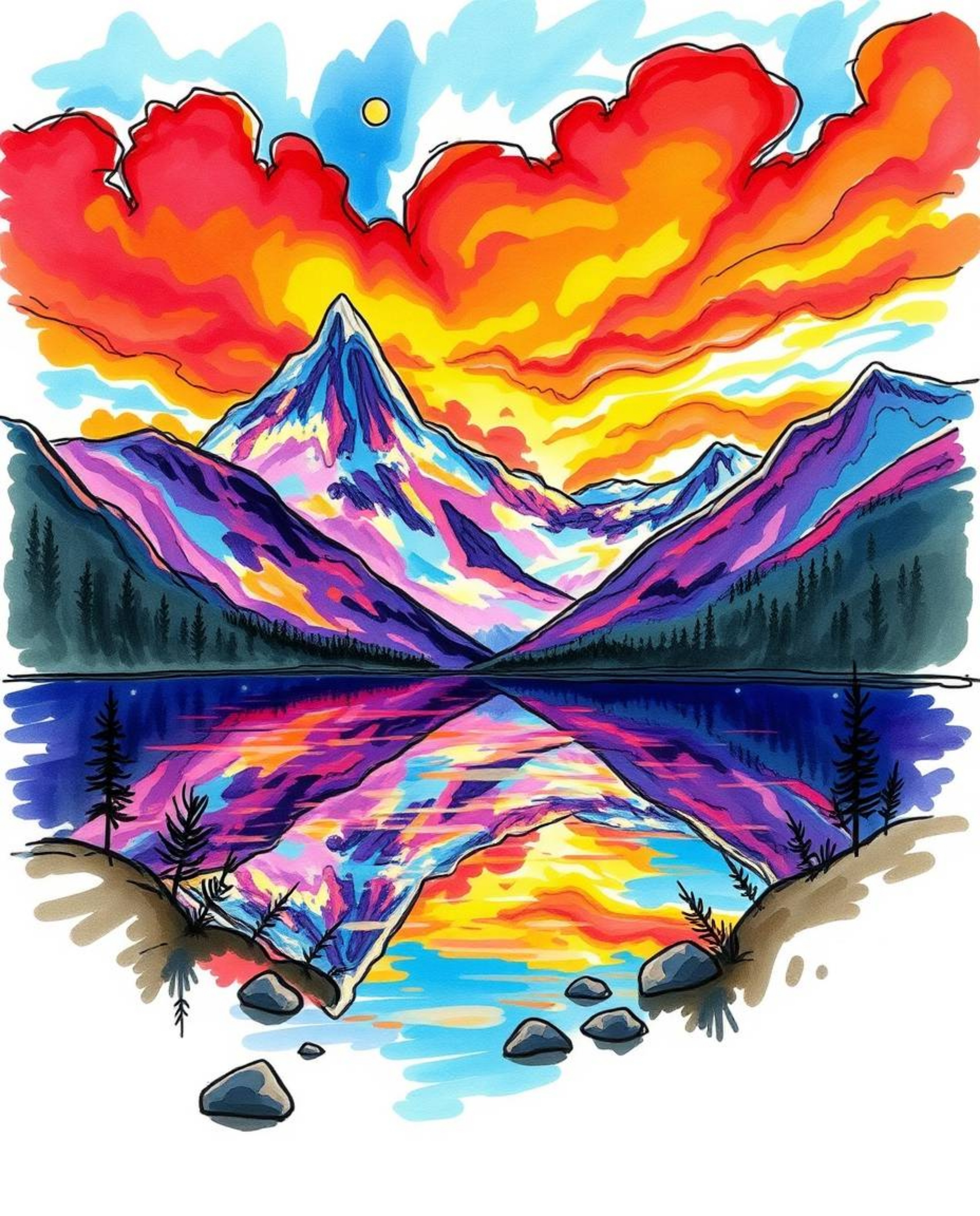 A hand-drawn sketch bursting with vibrant colors captures the lively reflections of fiery clouds in a mountain lake. Created 