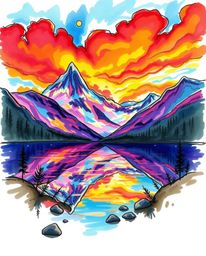 A hand-drawn sketch bursting with vibrant colors captures the lively reflections of fiery clouds in a mountain lake. Created 