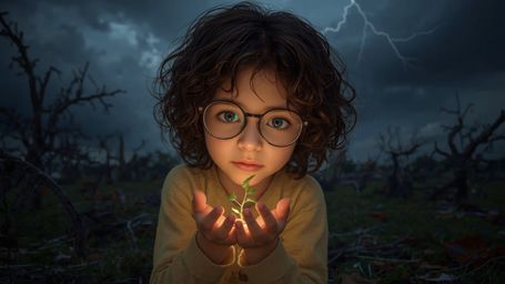 A high-resolution stock photo of a gentle, bespectacled young girl with curly brown hair and bright green eyes, reminiscent o