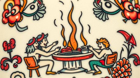 An extreme close-up showcases a vibrant, retro-style traditional tattoo depicting a chaotic cartoon cafeteria food fight.  Th