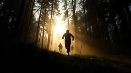 An extreme macro close-up captures a thrilling chase scene silhouetted against a backlighting effect. The looping forest back
