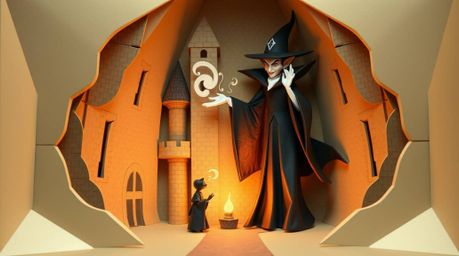A classic Disney villain is captured casting an enchanting spell within a mystic old castle, rendered in an intricate origami
