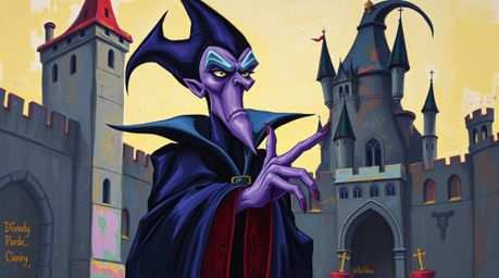 A captivating acrylic painting depicts a classic Disney villain with a gaunt face and purple skin casting a spell within an a