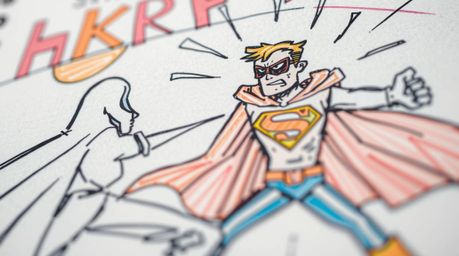 A vibrant, extreme close-up showcases a hand-drawn sketchnote-style illustration of a superhero battling a comical villain.  