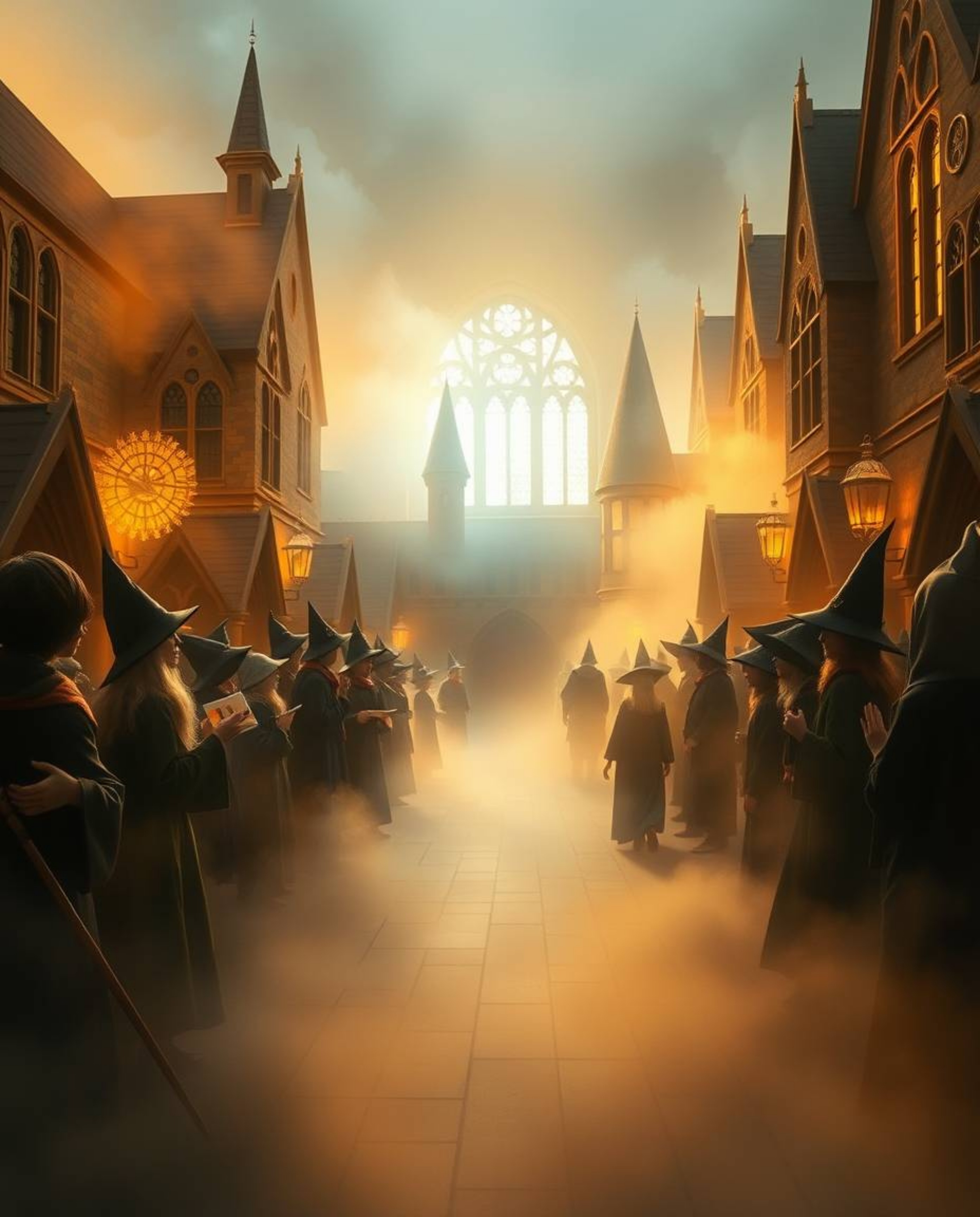 Immerse yourself in a magical school where young wizards hone their craft amidst a warm golden glow and thick, ethereal fog. 