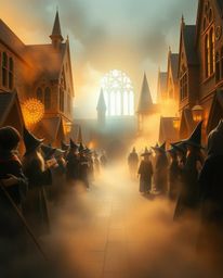 Immerse yourself in a magical school where young wizards hone their craft amidst a warm golden glow and thick, ethereal fog. 