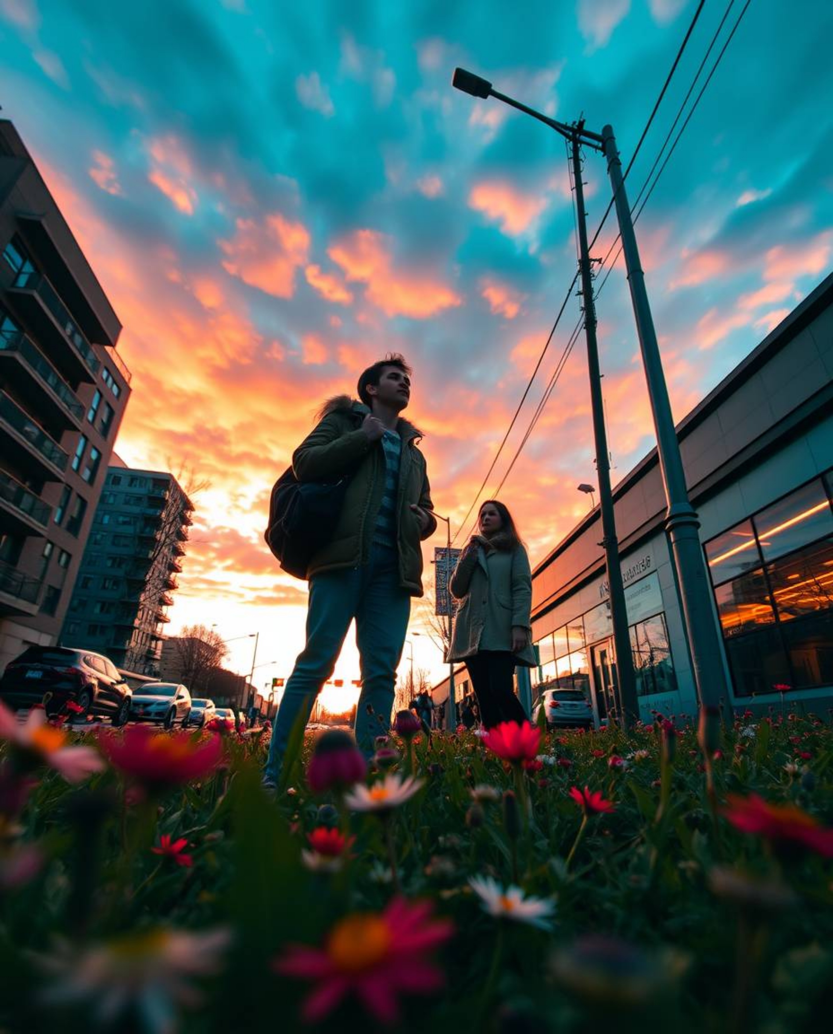 This candid, low-angle street photograph captures a dramatic spring sunset over a wildflower meadow, uniquely framed within a