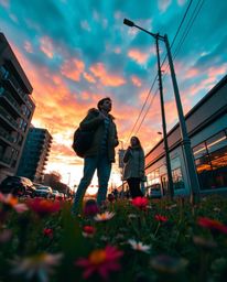 This candid, low-angle street photograph captures a dramatic spring sunset over a wildflower meadow, uniquely framed within a