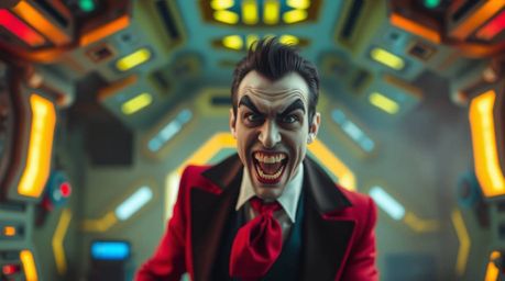 Witness a villain's hilarious and unexpected breakdown within the confines of a high-tech lair. The scene is beautifully capt