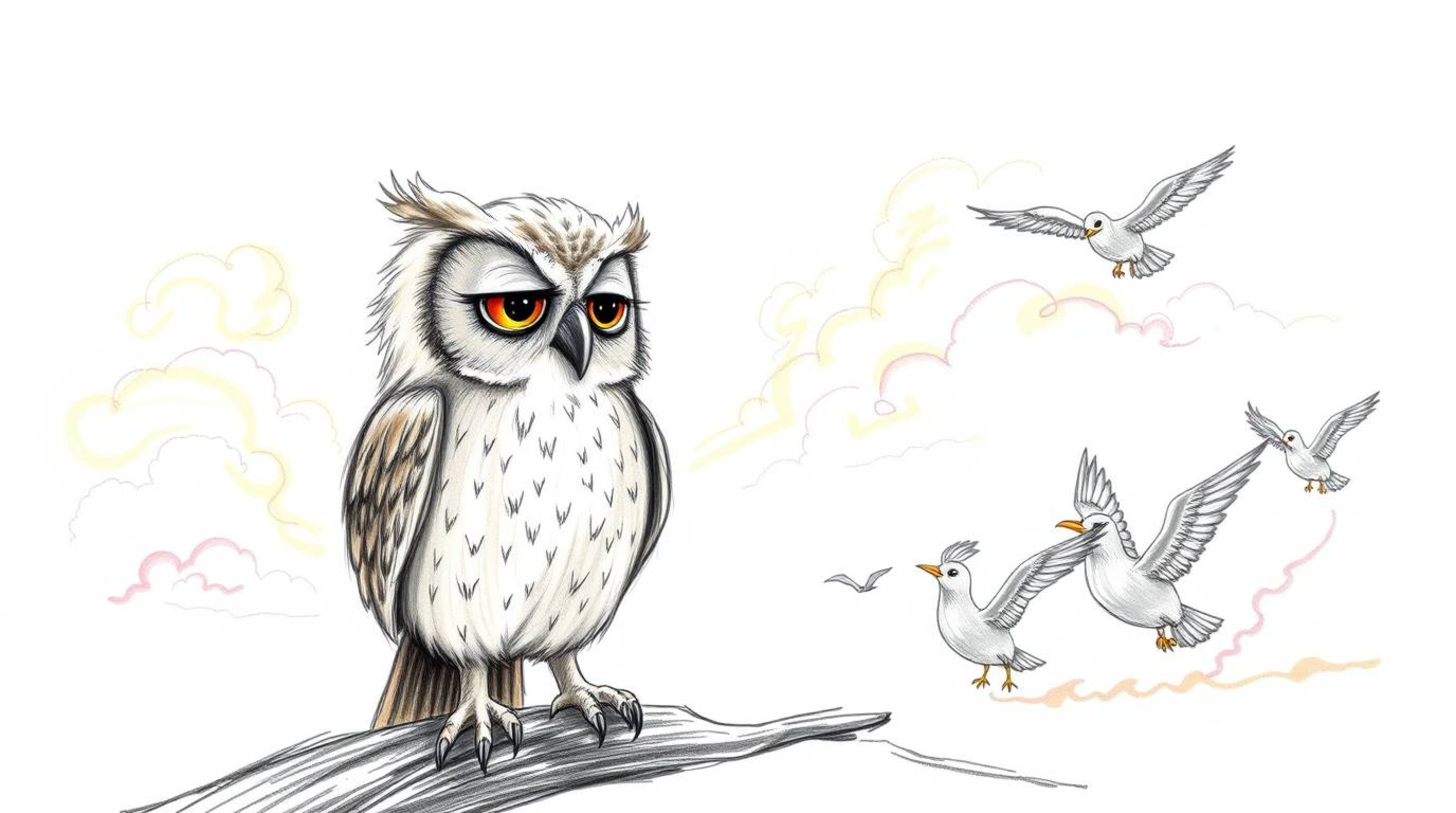 A heartwarming, hand-drawn sketch in the style of Pixar depicts a kind, elderly, blind owl with soft feathers leading a fligh