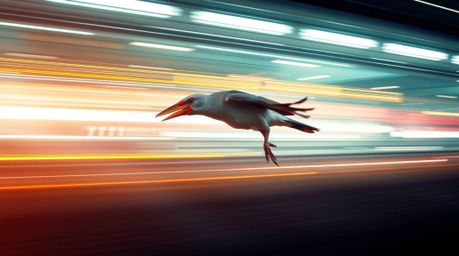 A captivating high-resolution stock photo depicts a fast-running bird in dynamic motion, blurring past city traffic.  The art