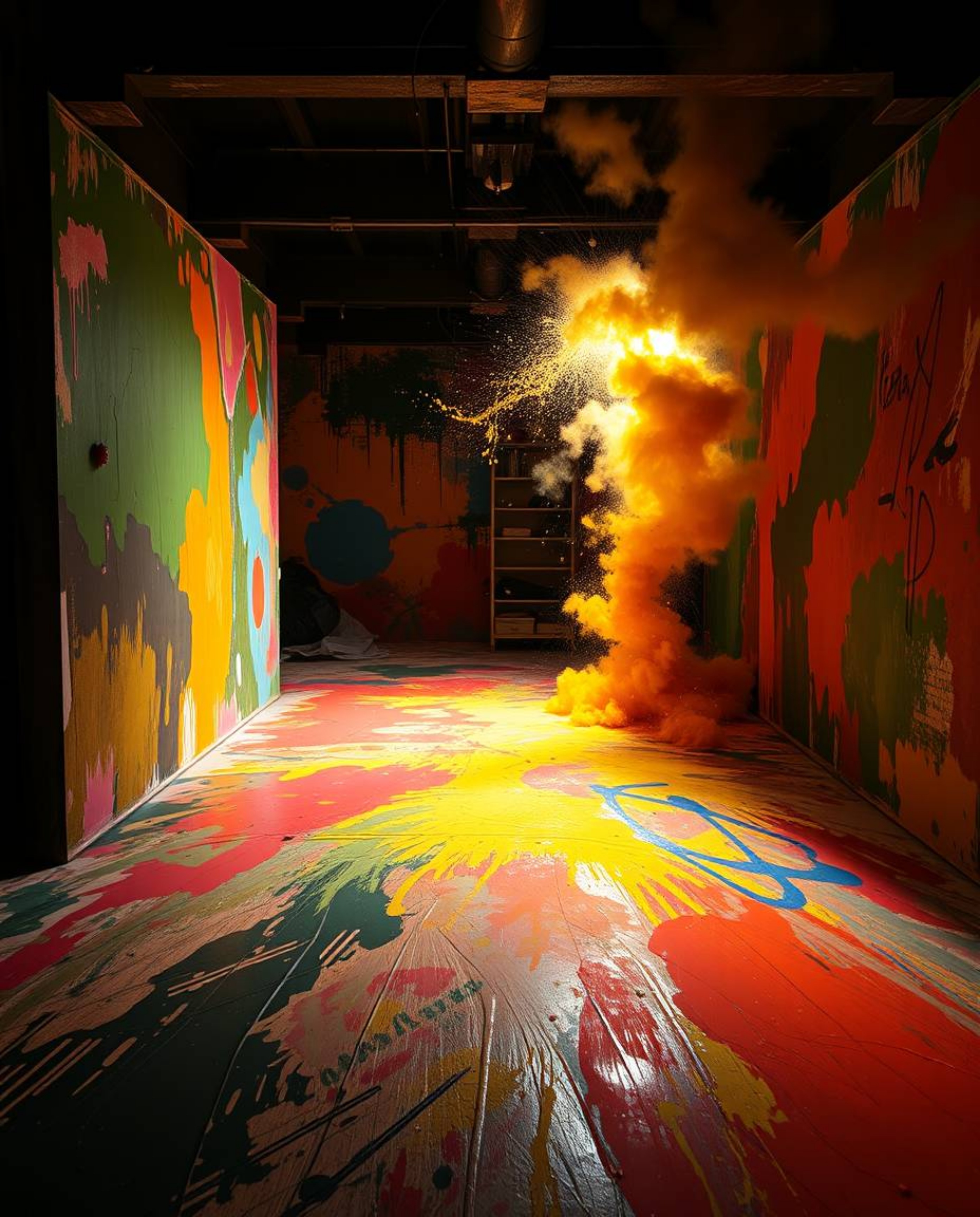 A room erupts in a vibrant explosion of paint, brought to life with intense, dramatic lighting that creates a palpable sense 