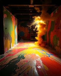 A room erupts in a vibrant explosion of paint, brought to life with intense, dramatic lighting that creates a palpable sense 