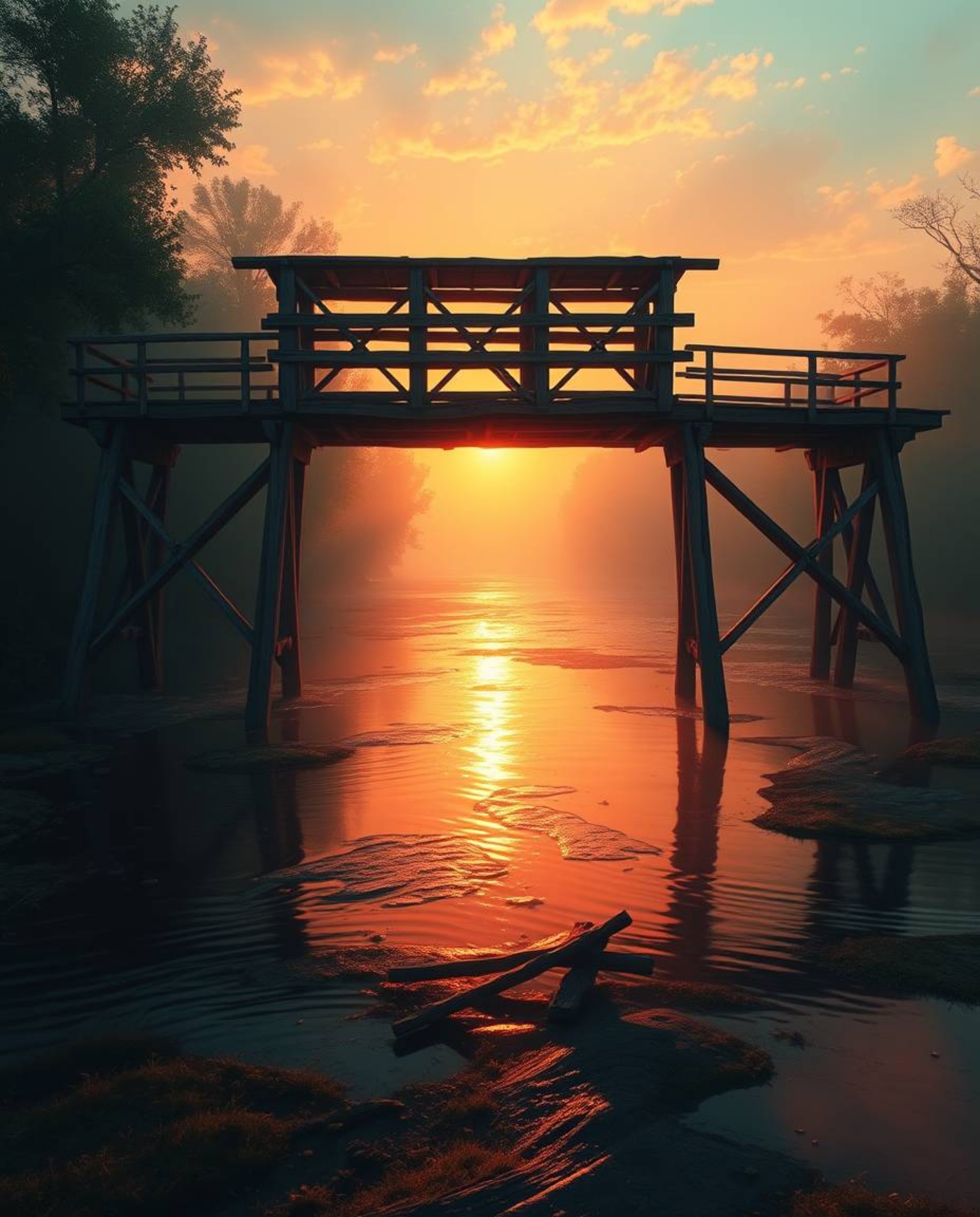 A digital painting captures an old wooden bridge over a river at sunset, rendered in a beautiful combination of warm terracot