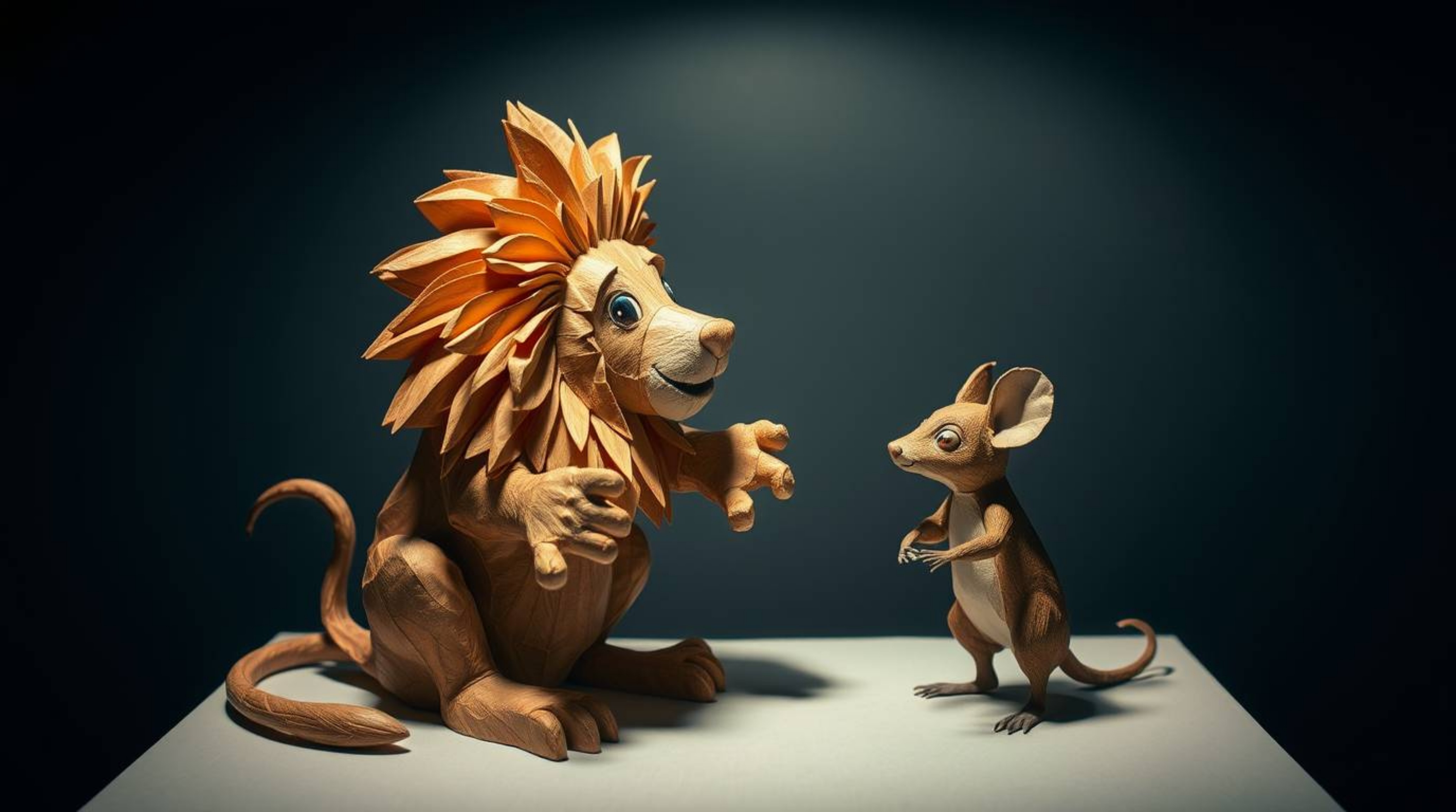 A captivating papier-mâché sculpture showcases a mischievous duo: a lion and a mouse engaged in playful antics.  The artwork 