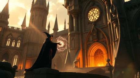 A captivating image depicting a classic Disney villain casting a spell within a massive, futuristic old castle. Bathed in the