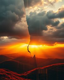 A digital glitch landscape is depicted as breaking apart under intense, dramatic warm golden light, creating a radiant and lu