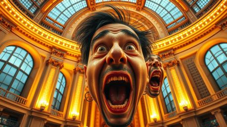 This high-resolution architectural photograph captures a unique scene: a warm, golden glow illuminates a gross-out comedy mom