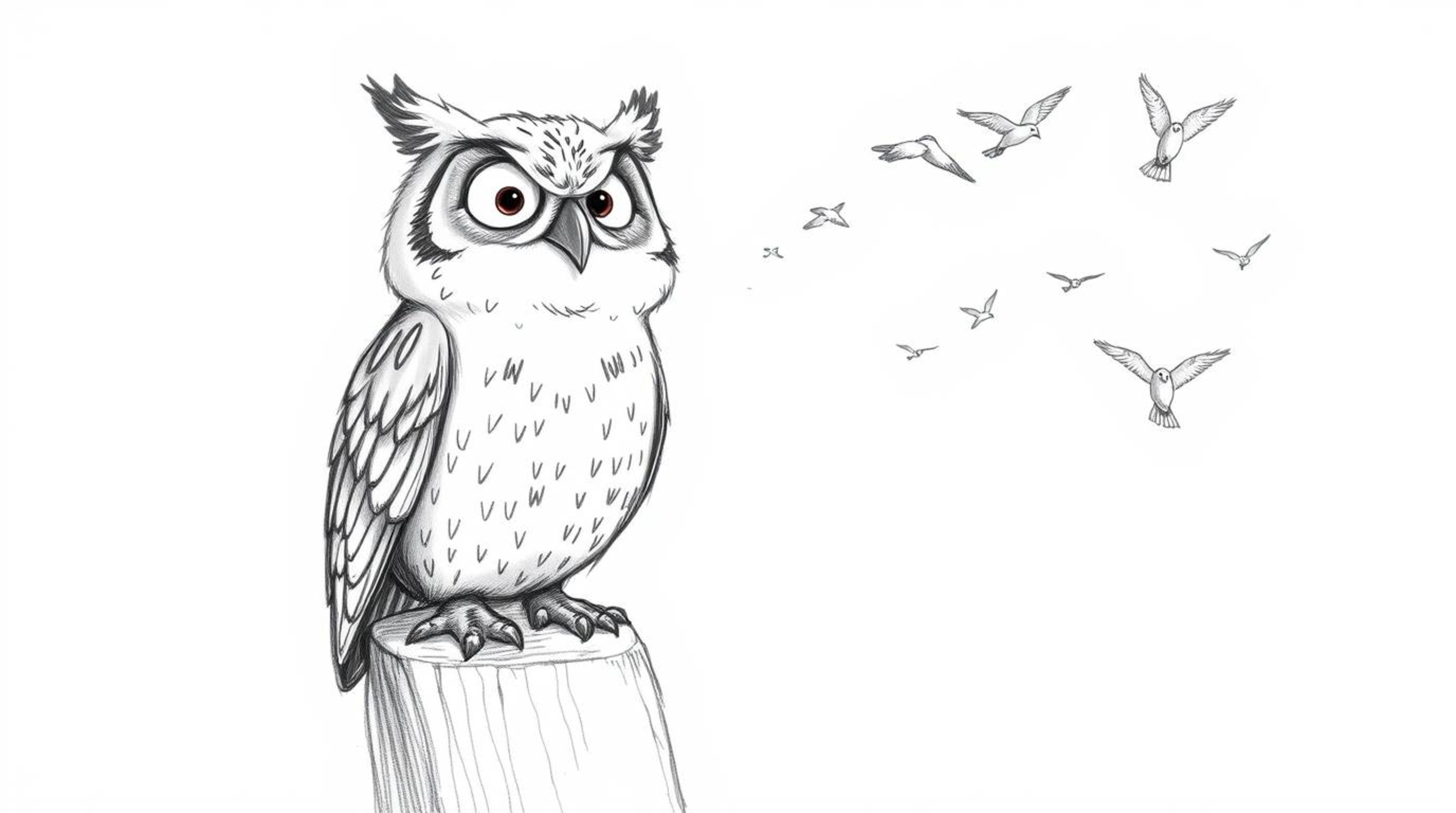 A heartwarming hand-drawn sketch in the iconic Pixar style depicts a blind owl perched joyfully on a tree stump, wrinkles emp