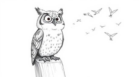 A heartwarming hand-drawn sketch in the iconic Pixar style depicts a blind owl perched joyfully on a tree stump, wrinkles emp