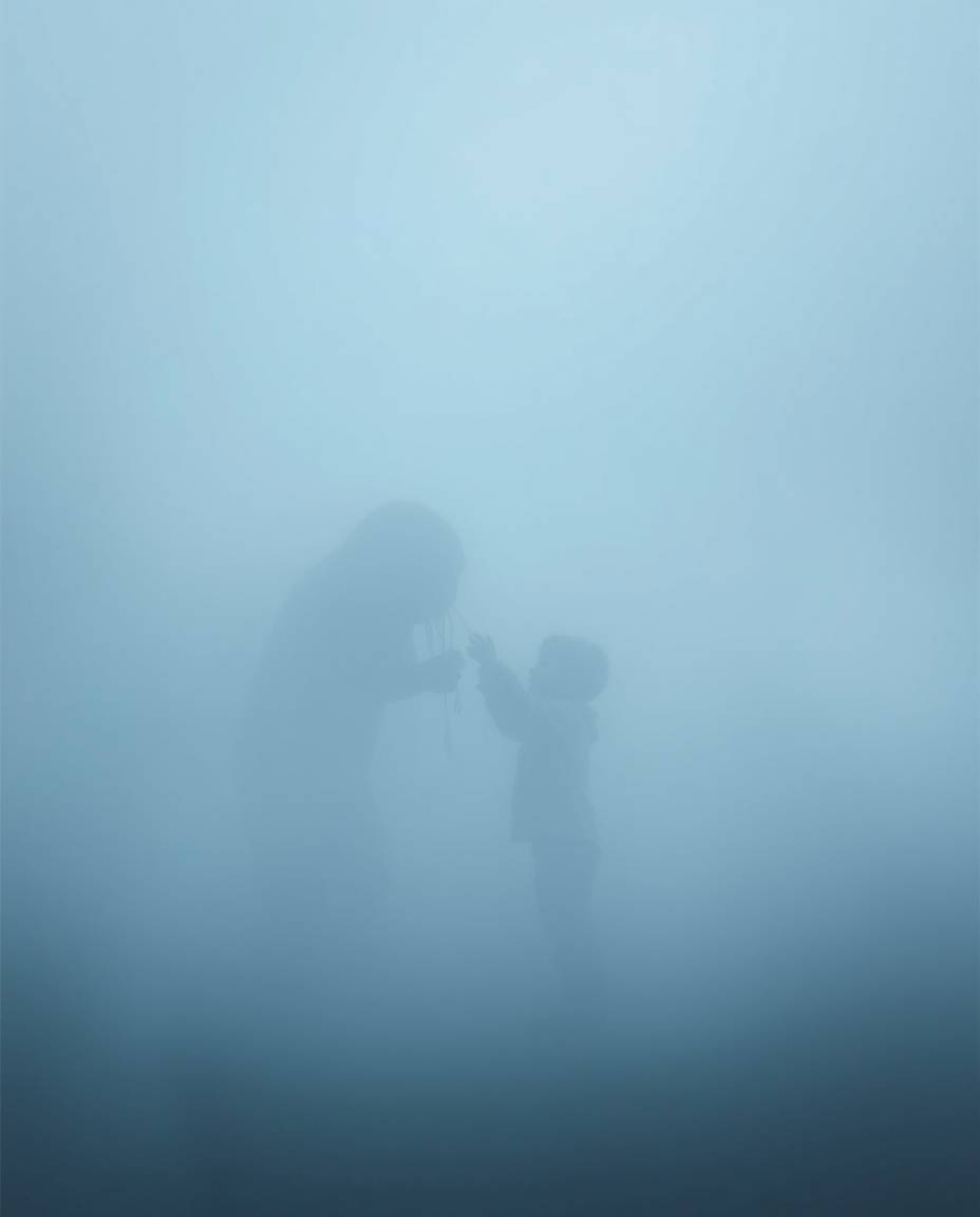 A heartwarming and mysterious scene unfolds in a thick fog, where a child unexpectedly befriends a captivating sea creature. 