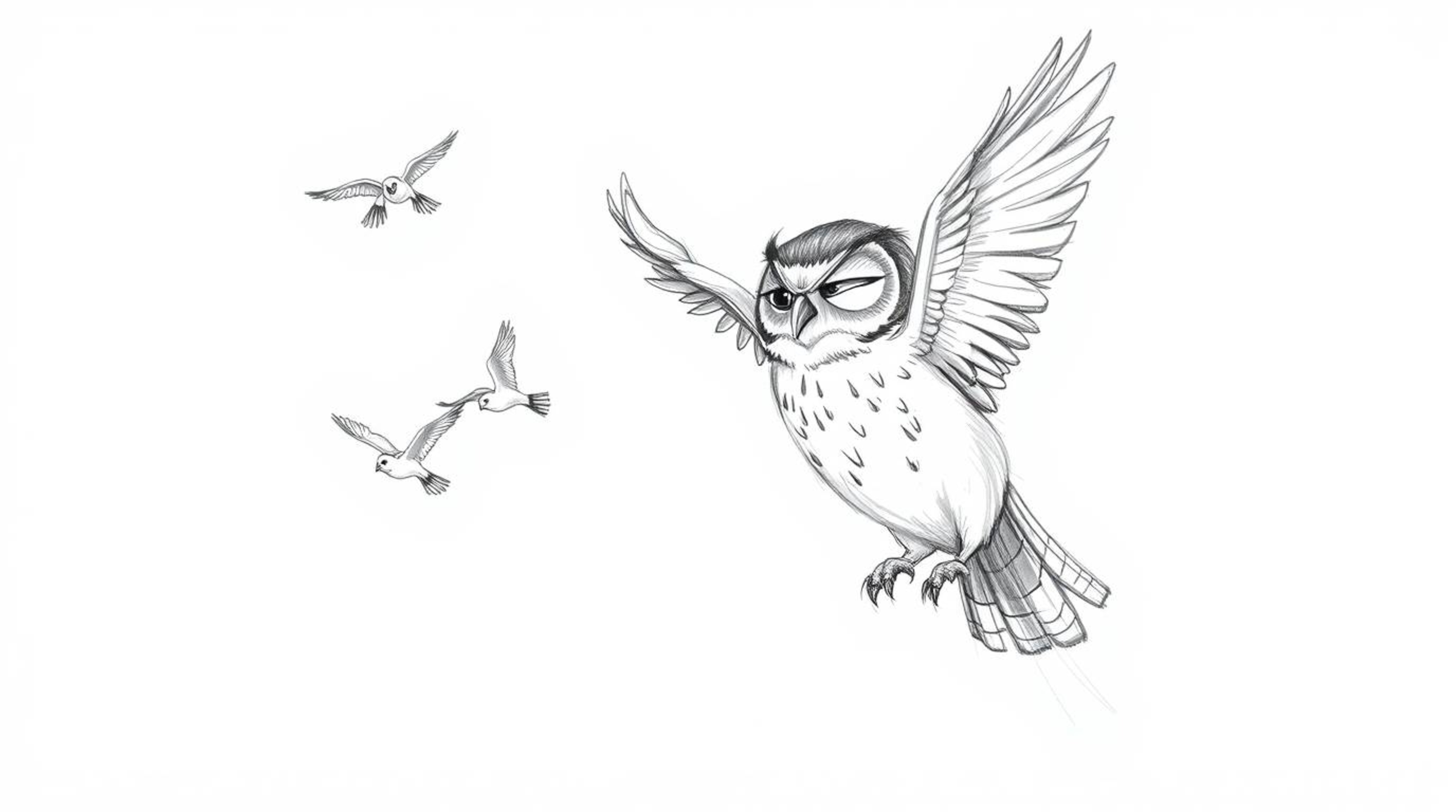 A heartwarming Pixar-inspired hand-drawn sketch depicts a blind owl with expressive, textured pencil strokes, guiding birds t
