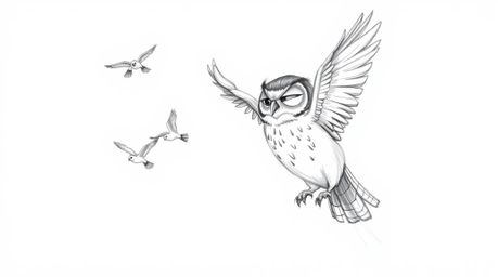 A heartwarming Pixar-inspired hand-drawn sketch depicts a blind owl with expressive, textured pencil strokes, guiding birds t