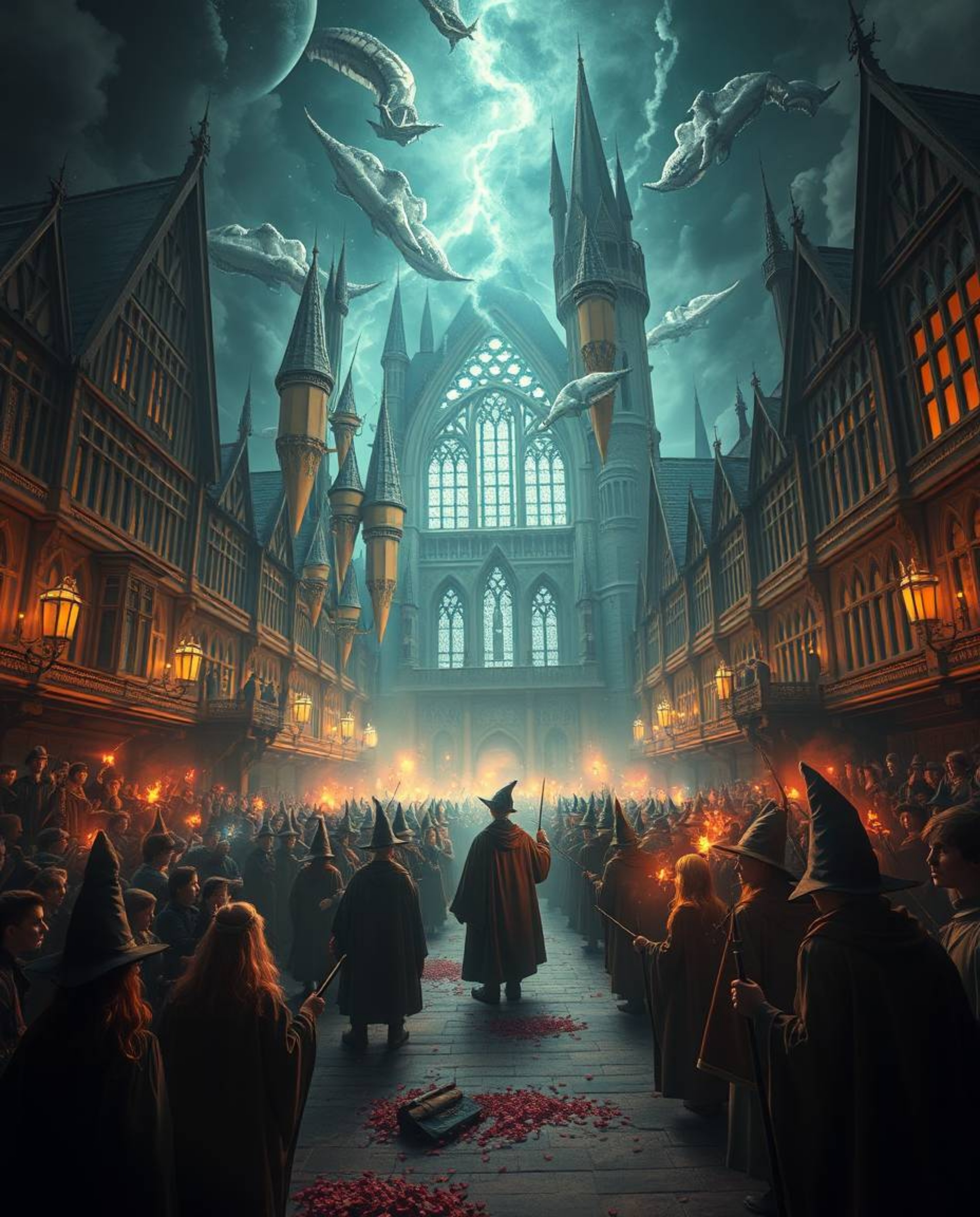 Dive into a dreamlike, surreal depiction of a grand, epic scene at a magical school brimming with young wizards.  Experience 