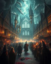 Dive into a dreamlike, surreal depiction of a grand, epic scene at a magical school brimming with young wizards.  Experience 