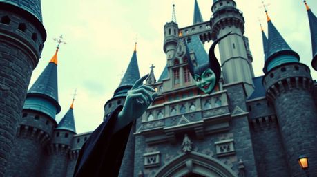 A captivating architectural photograph showcases a cool-toned Disney villain with refined features casting a spell within a d