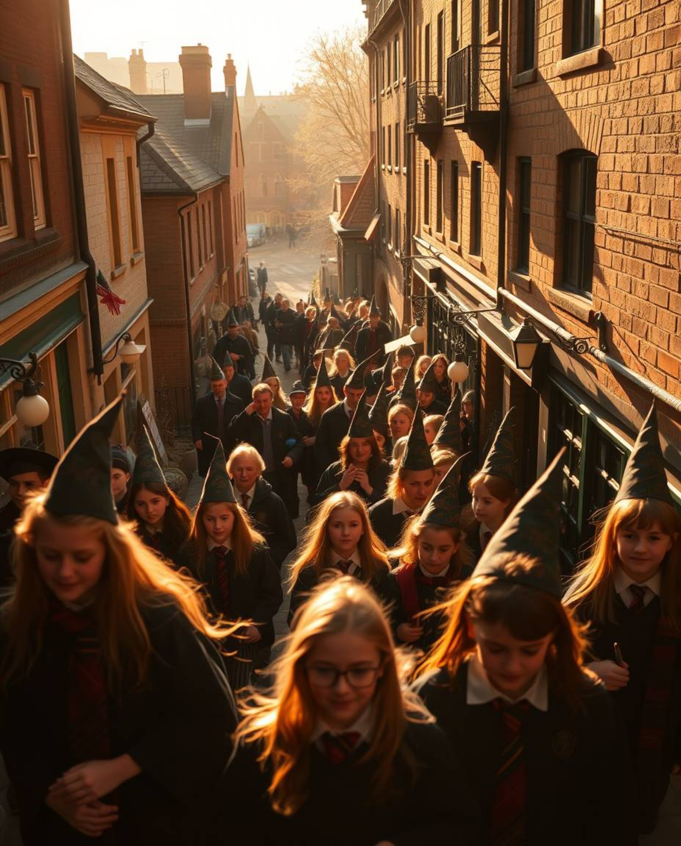 Capture the magic! This collection showcases candid street photography of a vibrant wizarding school bathed in warm, golden l