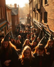 Capture the magic! This collection showcases candid street photography of a vibrant wizarding school bathed in warm, golden l